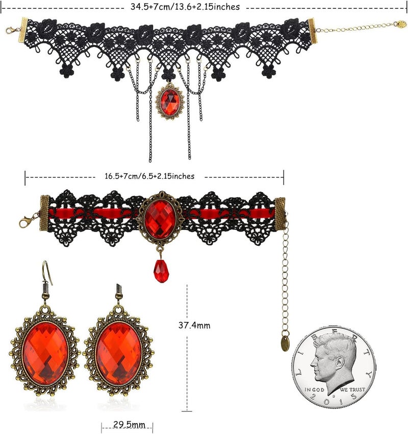 ELLEZZA Gothic Victorian Style Vampire Choker Necklace Bracelet Earrings Set,Halloween Pirate Steampunk Witch Vampire Costume Accessories Jewelry for Women,Adjustable Size - Image 5
